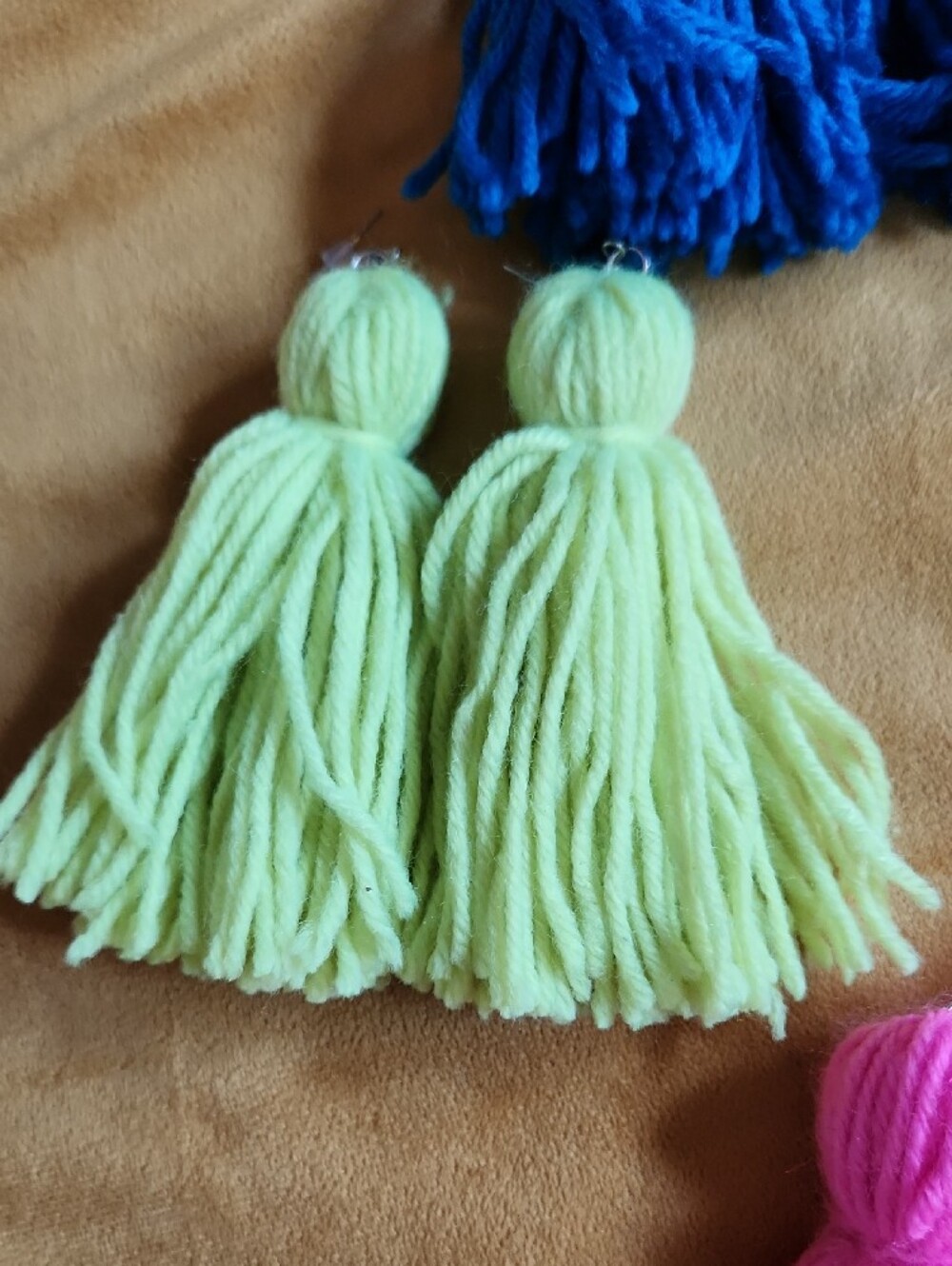 Colorful Yarn Tassel Earrings - Pink, Blue, Orange, Lime - Picture 3 of 5